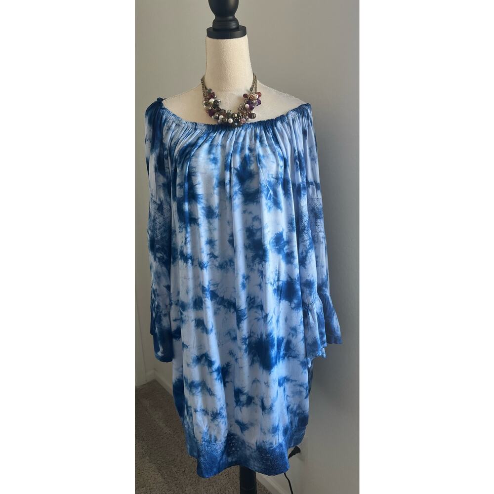 RAVIYA Blue Tie Dye Crochet Trim‎ Dolman MIDI Kaftan Dress Sz 2X